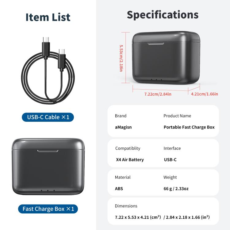 For Insta360 X4 Air AMagisn Fast Charging Case Portable Battery Charger And Storage Box, PM14