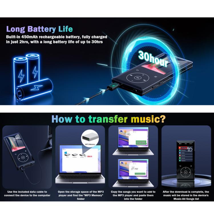 2.4 inch Colorful Screen MP3 Music Player With Bluetooth 5.0 Speaker, 4GB, 8GB, 16GB, 32GB, 64GB