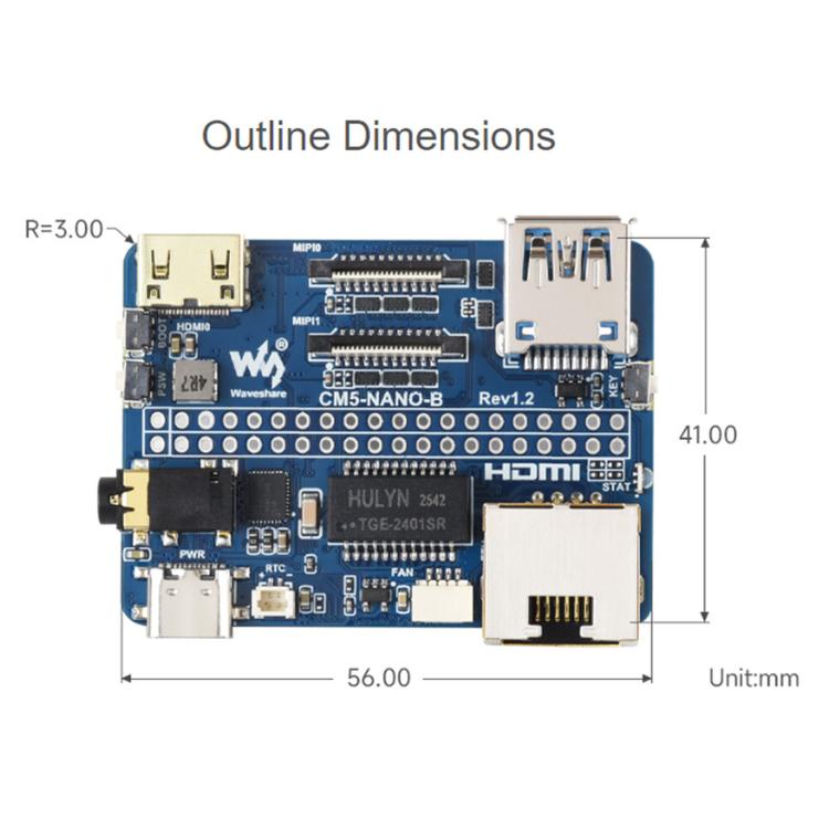 Waveshare For Raspberry Pi Ultra-Mini Expansion Board Type B USB 3.2 Gigabit Ethernet Dual MIPI, Unsoldered Pin Headers, Soldered Pin Headers