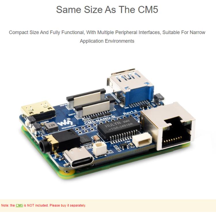 Waveshare For Raspberry Pi Ultra-Mini Expansion Board Type B USB 3.2 Gigabit Ethernet Dual MIPI, Unsoldered Pin Headers, Soldered Pin Headers