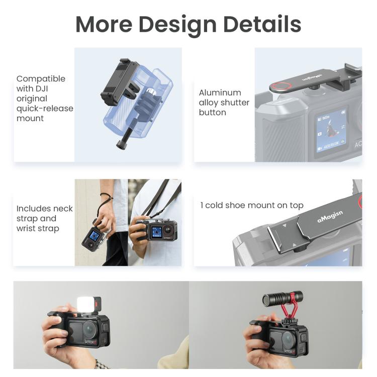 aMagisn Street Photography Handle Grip for DJI Action 5 Pro/Action 4/Action 3, Compatible with Original Camera Cage, Plastic Version, Metal Black, Metal Gray