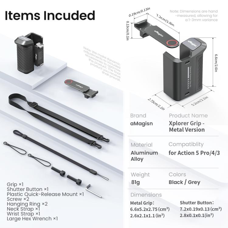 aMagisn Street Photography Handle Grip for DJI Action 5 Pro/Action 4/Action 3, Compatible with Original Camera Cage, Plastic Version, Metal Black, Metal Gray