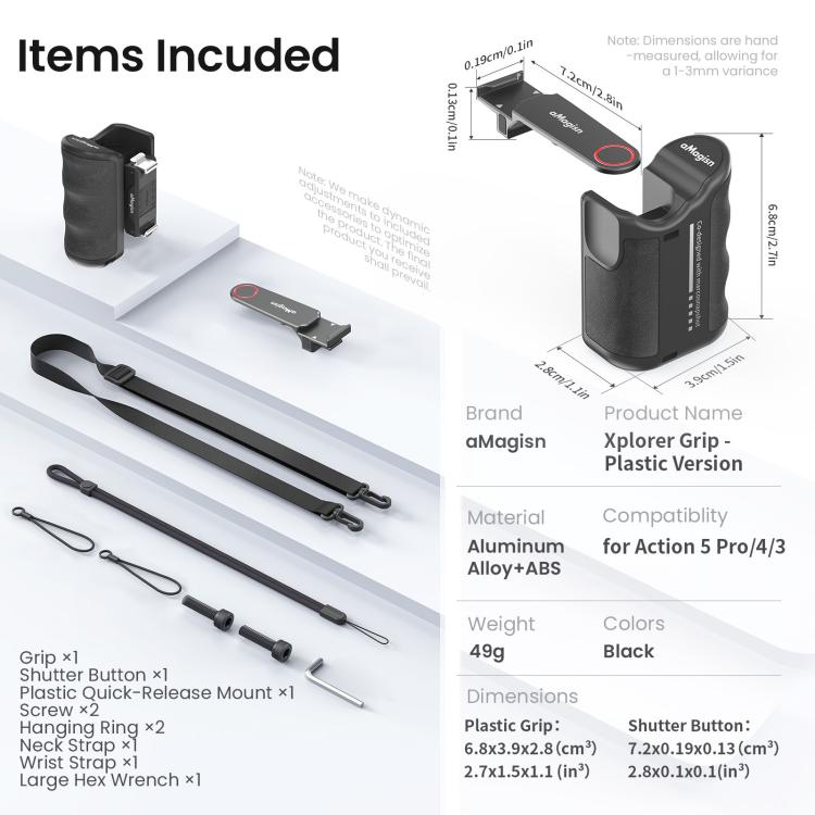 aMagisn Street Photography Handle Grip for DJI Action 5 Pro/Action 4/Action 3, Compatible with Original Camera Cage, Plastic Version, Metal Black, Metal Gray