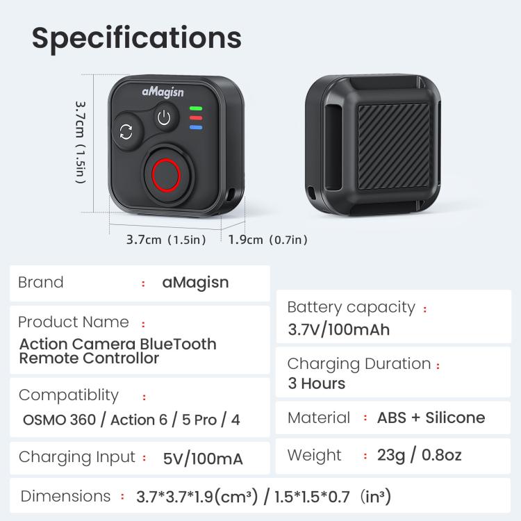 aMagisn Bluetooth Remote Shutter for DJI Osmo Action 6/Action 5 Pro/Action 4/Osmo 360, AA28