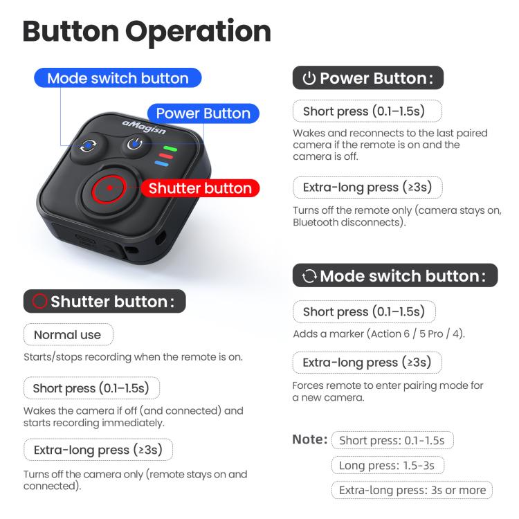 aMagisn Bluetooth Remote Shutter for DJI Osmo Action 6/Action 5 Pro/Action 4/Osmo 360, AA28