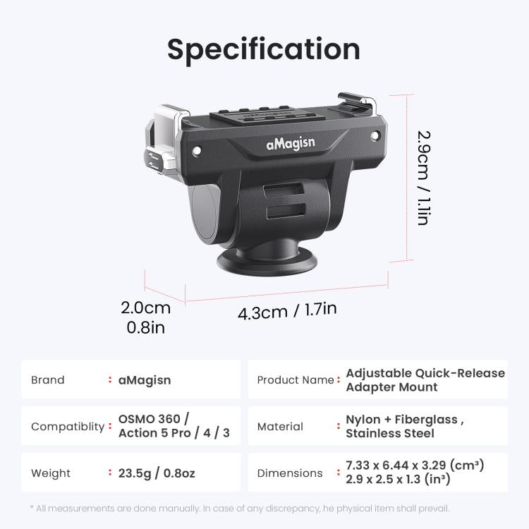 AMagisn Adjustable Quick Release Adapter For DJI Osmo 360/Action 5 Pro/4/3 - 4-Level Fast Perspective Switch, PD15