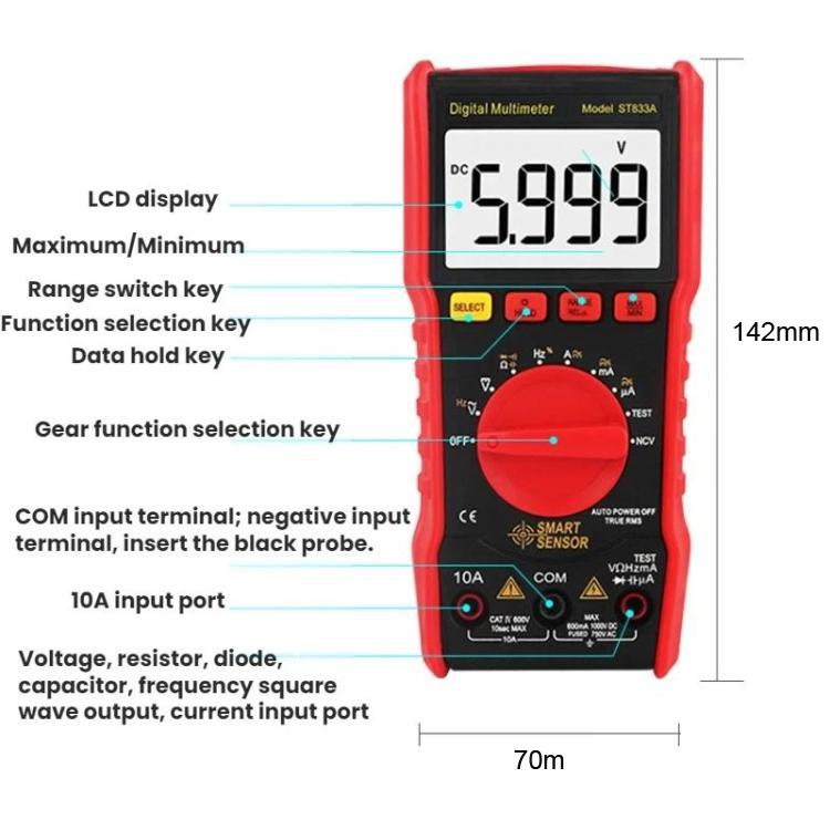 SMART SENSOR High-Precision Multifunctional Portable Automatic Digital Multimeter, ST833A