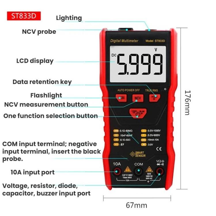 SMART SENSOR High-Precision Multifunctional Portable Automatic Digital Multimeter, ST833D