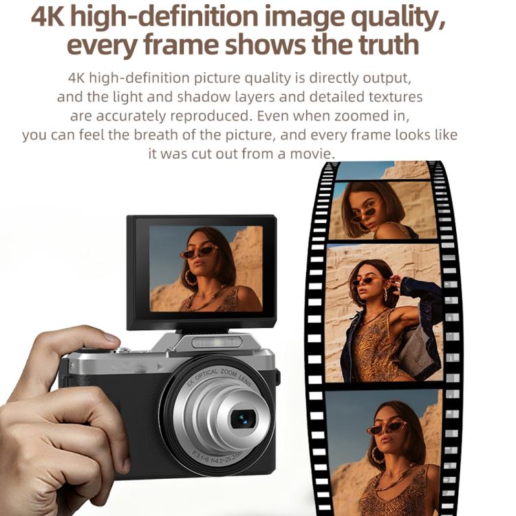 D27 4K Vlogging Camera 64MP Photo, 6x Optical Zoom, 180-Degree Flip Screen & WiFi Connectivity, D27 Black, D27 Brown