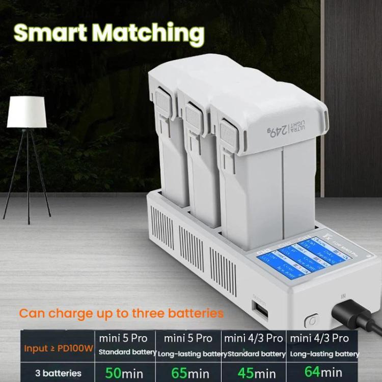 YX 100W 3-Bay LCD Charging Hub for DJI Mini 5 Pro/4/3 With Color Screen Fast Charger Station