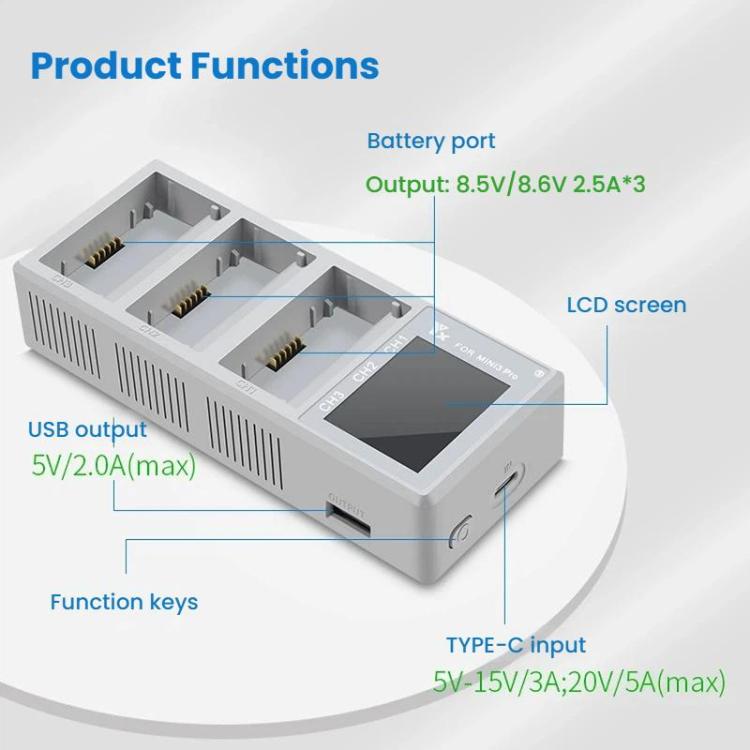 YX 100W 3-Bay LCD Charging Hub for DJI Mini 5 Pro/4/3 With Color Screen Fast Charger Station