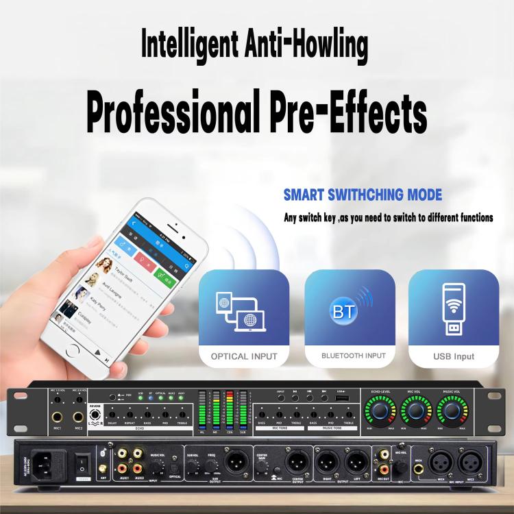 FX12L Preamp Effects Processor Bluetooth USB Home Stage Feedback Suppression Anti-Howling Processor, US Plug, EU Plug, UK Plug, AU Plug