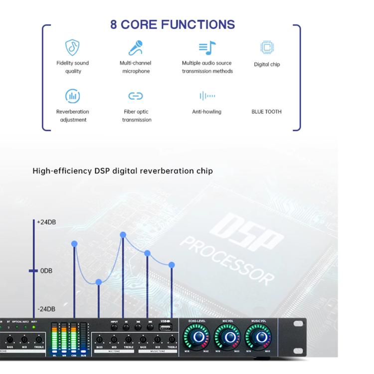 FX12L Preamp Effects Processor Bluetooth USB Home Stage Feedback Suppression Anti-Howling Processor, US Plug, EU Plug, UK Plug, AU Plug