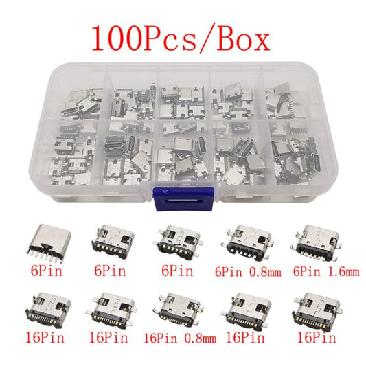 100pcs /Box  Assorted USB Type C Female Connectors, 10 Variations 6P/16P SMT & Through-Hole Sockets, USB 3.1 Fast Charge
