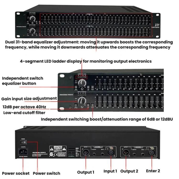 231 Stage Performance Home Audio Equalizer Bar KTV High-Mid-Low EQ Tuner, US Plug, EU Plug, UK Plug, AU Plug