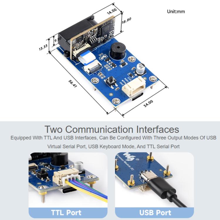 WAVESHARE Barcode QR Code Scanning Module Type E Metal Casing DPM Code Reading Onboard USB UART Dual Interfaces, 32387