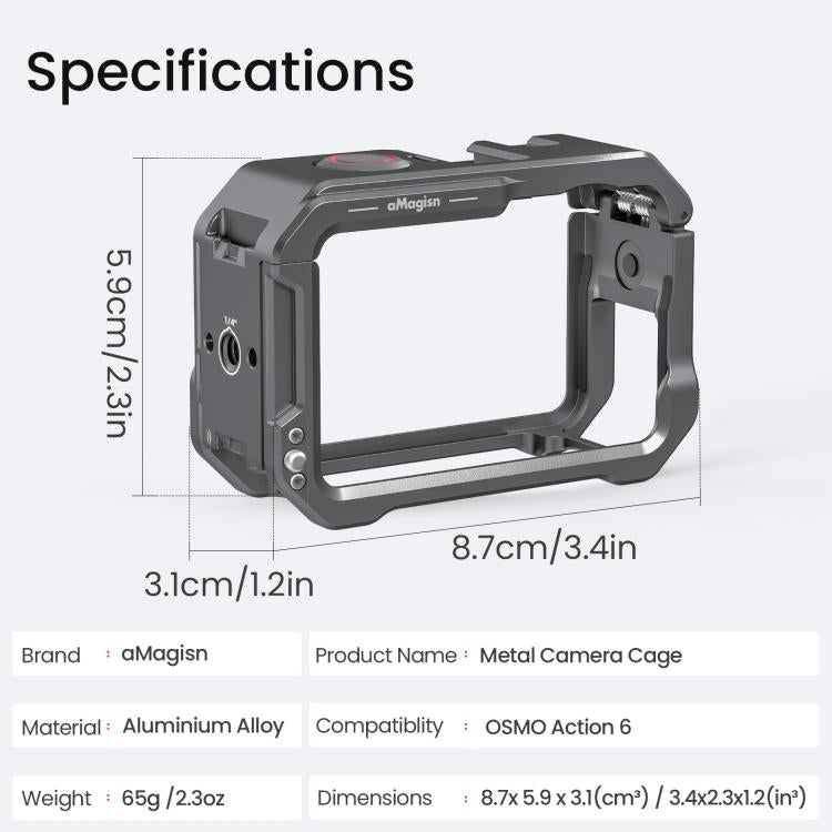 For DJI OSMO Action 6 aMagisn Metal Cage Quick Release Protective Frame with Silicone Lens Cap, Action 6 Metal Cage