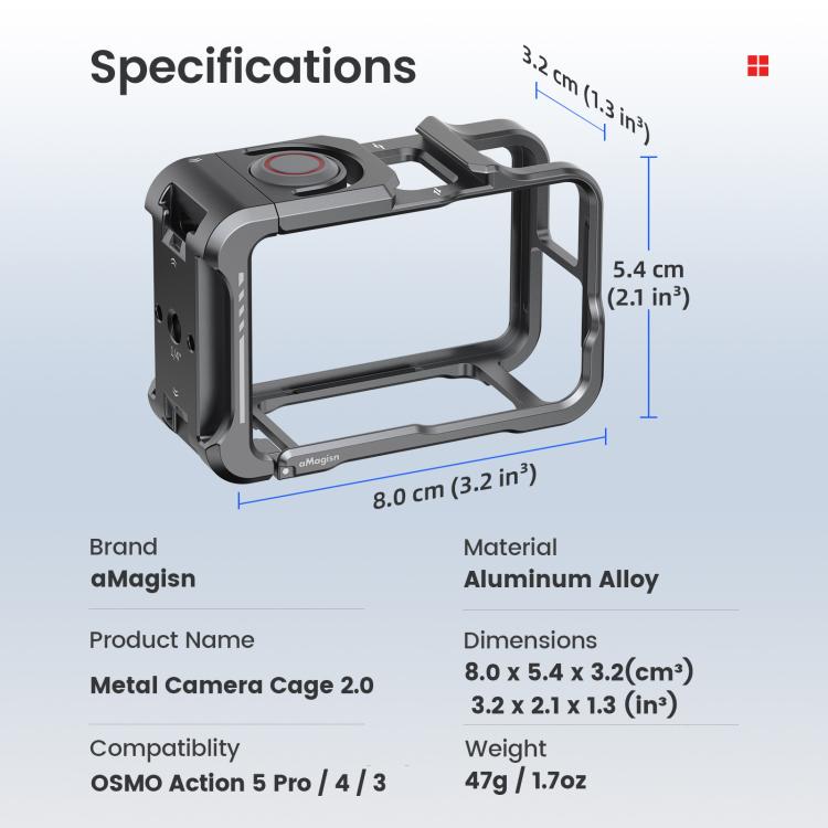 For DJI OSMO Action 5 Pro /4/3 aMagisn Metal Camera Cage2.0 Quick Release Protective Frame with Silicone Lens Cap, Action 5 Pro /4/3 Metal Cage