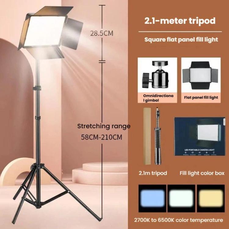 2700K-6500K 10-inch Square Flat Panel LED Light with 4-Leaf Barn Doors and 2.1m Tripod Stand for Photography/Video Studio, CN Plug