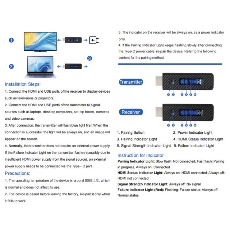 2 In 1 Wireless HDMI Transmitter 60m Mirroring Device Laptops PC 1080P 60Hz Wireless Extender