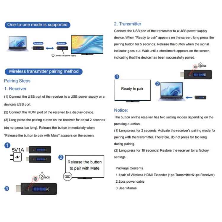 2 In 1 Wireless HDMI Transmitter 60m Mirroring Device Laptops PC 1080P 60Hz Wireless Extender