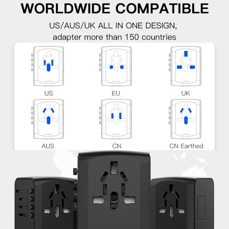 Travel Adapter 3 USB+Type-C Universal Socket Multi-Function Charger, US/EU/UK/AU Plug, 199T-3U