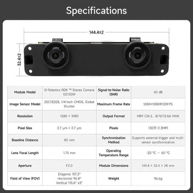 YAHBOOM D-Robotics RDK GS130W Stereo Camera For RDK X5/S100 P Dual 1.3MP Color Sensors, GS130W