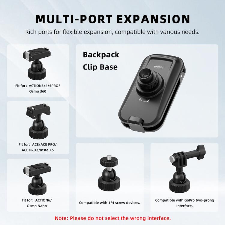 BRDRC Action Cameras Magnetic Quick-release Backpack Shoulder Strap Slip, For DJI Action 6 / Nano, For DJI Action 3 / 4 / 5Pro / Osmo 360, For Insta360 Ace Pro 1 / 2 / ACE / X5, For Gopro, 1/4 Interface