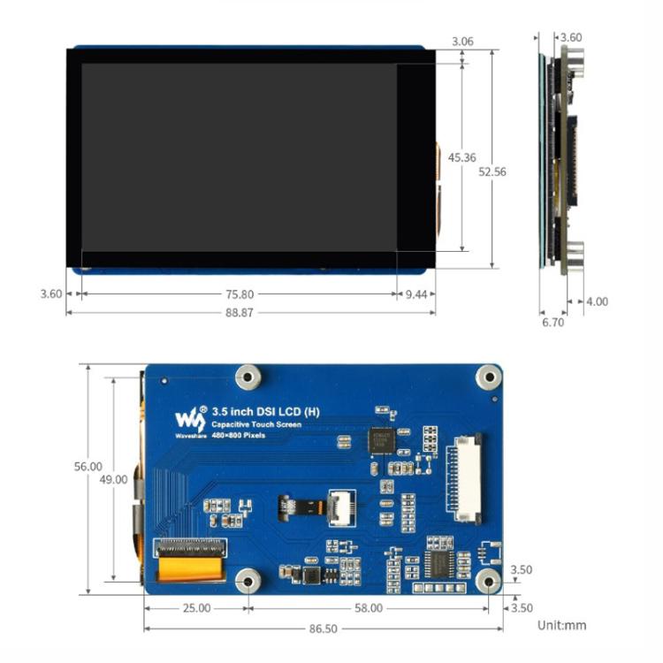 For Raspberry Pi WAVESHARE 3.5 inch DSI Capacitive Touch Display 5-Point Touch 480x800 Pixels IPS Display Panel