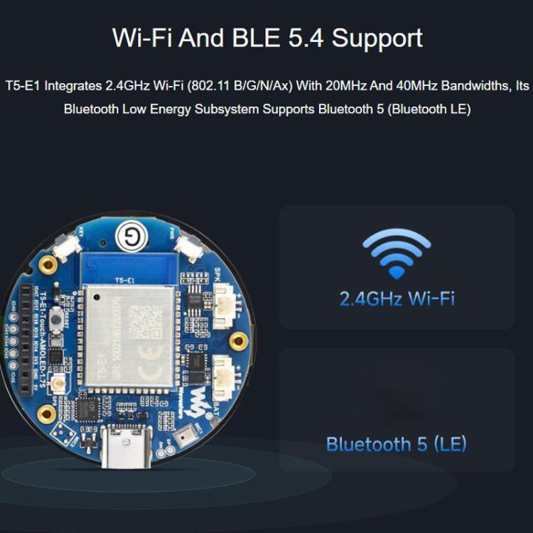 Waveshare Tuya T5-E1 1.75 Inch AMOLED Round Development Board QSPI Interface AI Large Models, Standard, GPS
