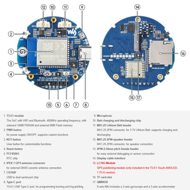 Waveshare Tuya T5-E1 1.75 Inch AMOLED Round Development Board QSPI Interface AI Large Models, Standard, GPS