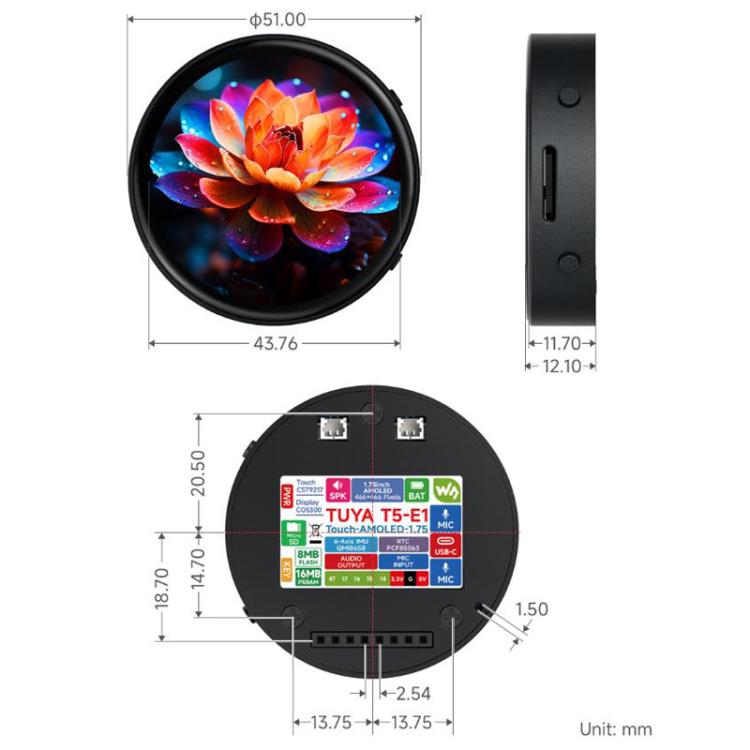 Waveshare Tuya T5-E1 1.75 Inch AMOLED Round Development Board QSPI Interface AI Large Models, Standard, GPS