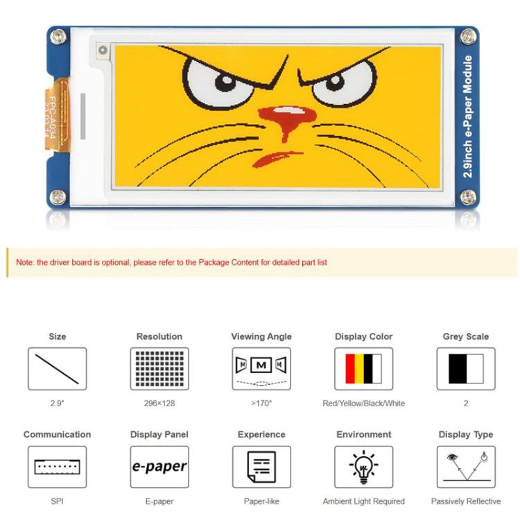 WAVESHARE 2.9inch E-Paper Display  E-Ink Display, 296x128, Red/Yellow/Black/White, SPI Interface, Raw Display, With Driver Board