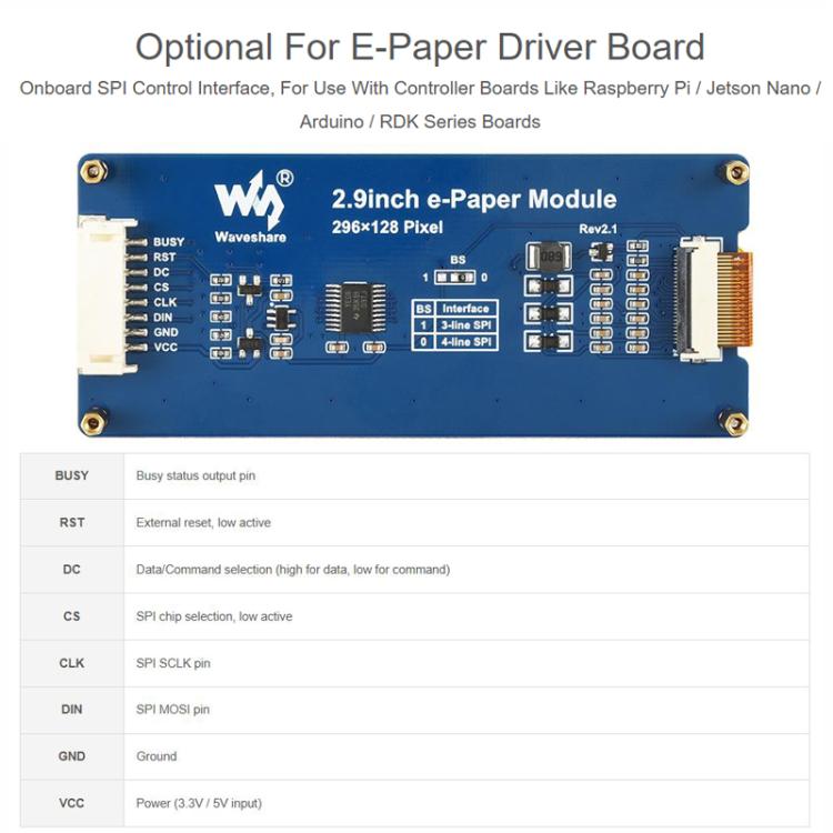 WAVESHARE 2.9inch E-Paper Display  E-Ink Display, 296x128, Red/Yellow/Black/White, SPI Interface, Raw Display, With Driver Board