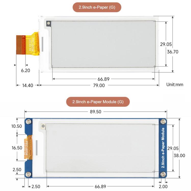 WAVESHARE 2.9inch E-Paper Display  E-Ink Display, 296x128, Red/Yellow/Black/White, SPI Interface, Raw Display, With Driver Board