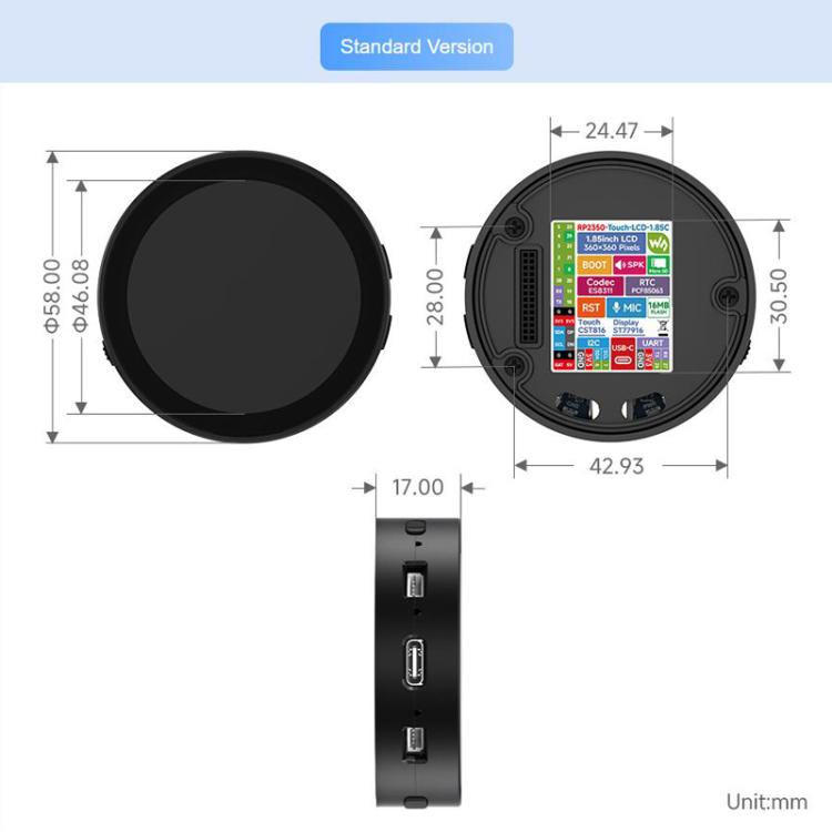 RP2350 1.85 Inch Round LCD Development Board, 360×360, 65K Color, Dual-Core And Dual-Architecture Design, Standard, With Speaker No Battery