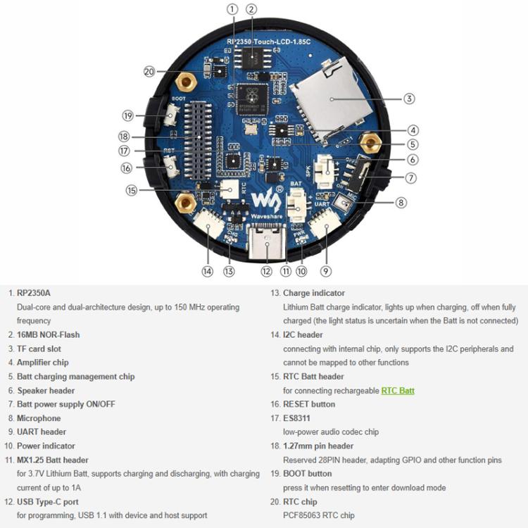 RP2350 1.85 Inch Round LCD Development Board, 360×360, 65K Color, Dual-Core And Dual-Architecture Design, Standard, With Speaker No Battery