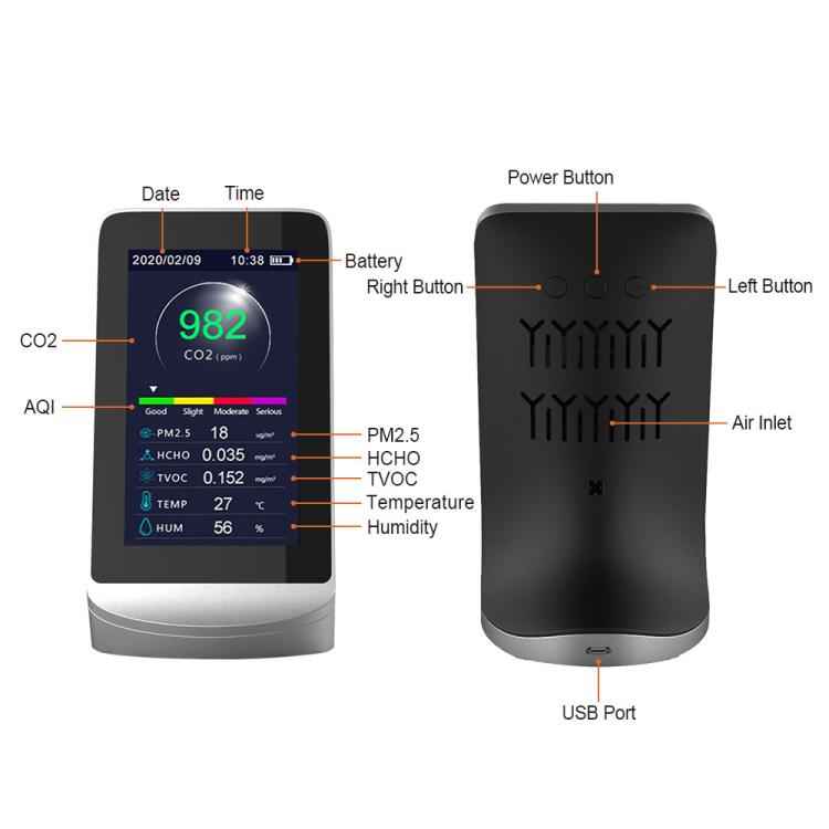 10-In-1 Air Quality Monitor With Data Export To PC Detector For CO2, PM2.5, PM10, HCHO, TVOC, Temperature & Humidity, DM72B