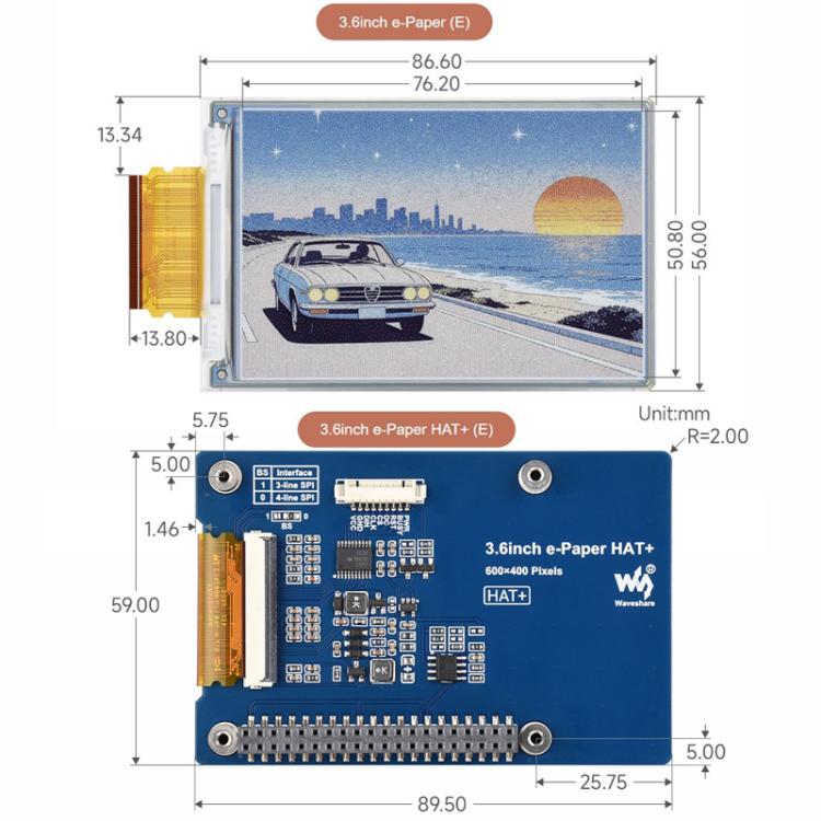 WAVESHARE 3.6 Inch E-Paper E6 Full-Color E-Ink Display, 600×400 Pixels, Raw Display, With Driver Board