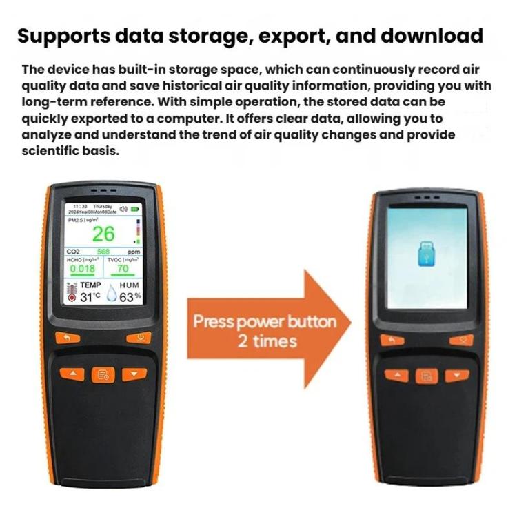 Handheld 10-In-1 Air Quality Monitor With Data Export To PC Detector For CO2, PM2.5, PM10, HCHO, TVOC, AQI, Temperature & Humidity, DM509