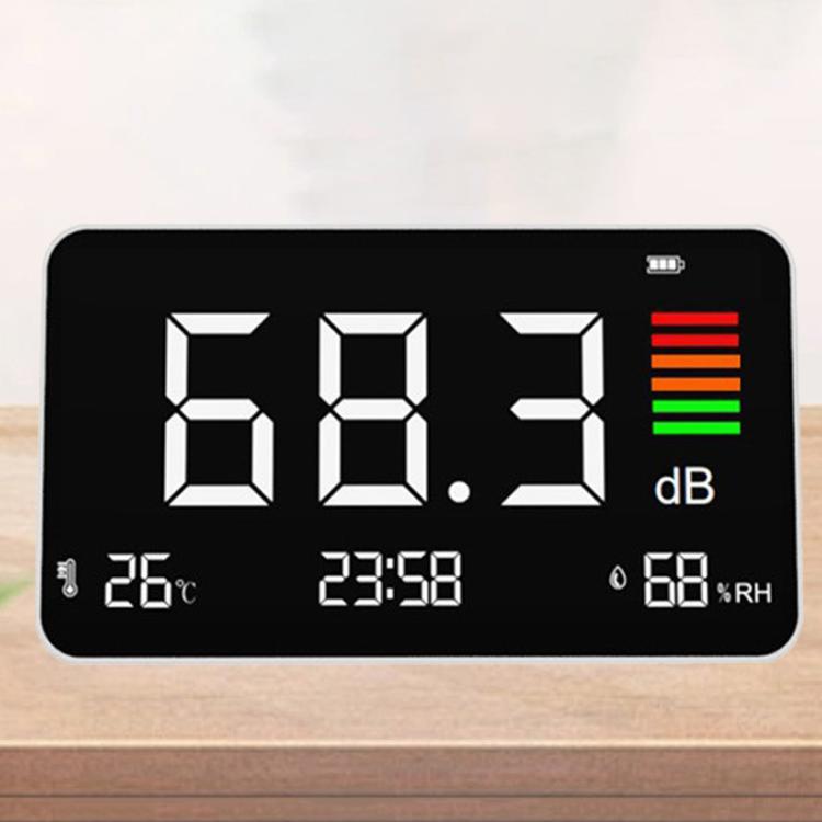 Digital 4-in-1 Noise Meter with Temperature & Humidity Sensor, Time Display Rechargeable Battery, Adjustable Backlight, DM219N