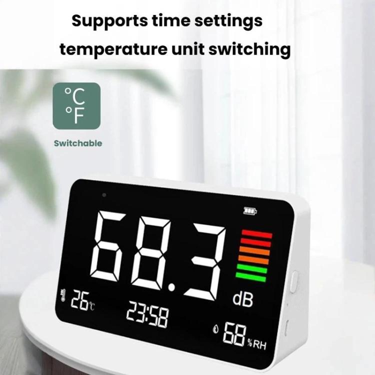Digital 4-in-1 Noise Meter with Temperature & Humidity Sensor, Time Display Rechargeable Battery, Adjustable Backlight, DM219N