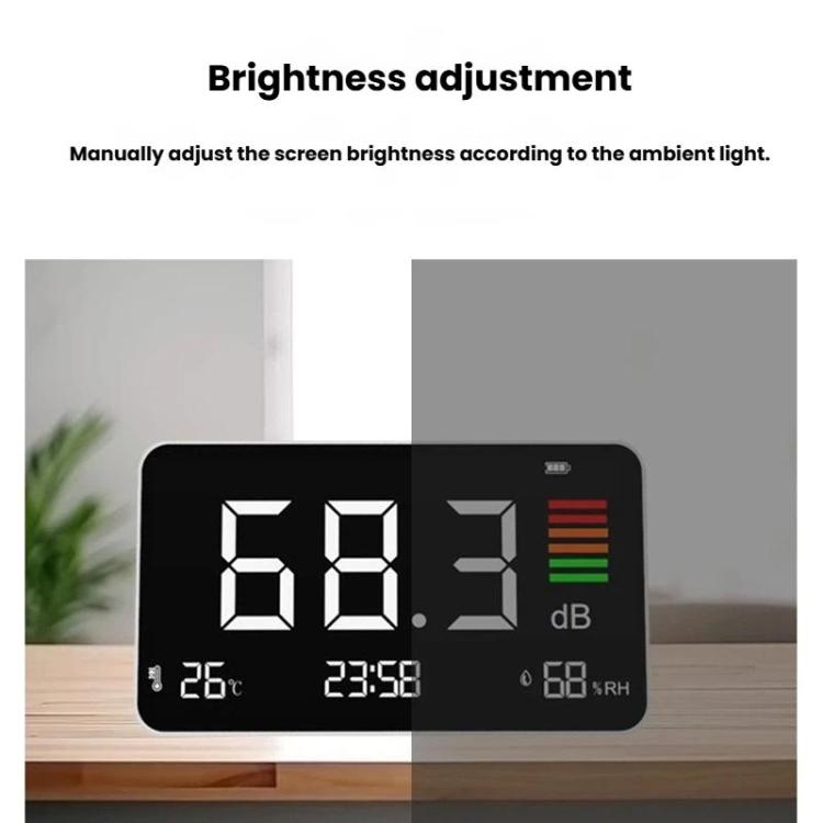 Digital 4-in-1 Noise Meter with Temperature & Humidity Sensor, Time Display Rechargeable Battery, Adjustable Backlight, DM219N
