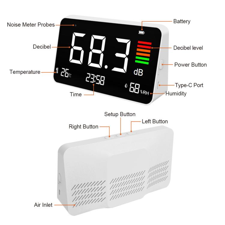 Digital 4-in-1 Noise Meter with Temperature & Humidity Sensor, Time Display Rechargeable Battery, Adjustable Backlight, DM219N