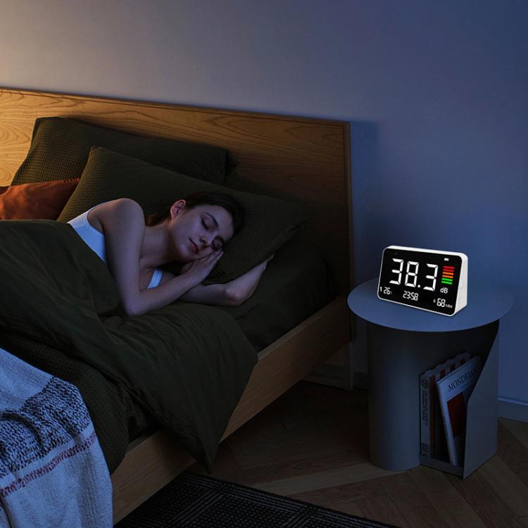 Digital 4-in-1 Noise Meter with Temperature & Humidity Sensor, Time Display Rechargeable Battery, Adjustable Backlight, DM219N