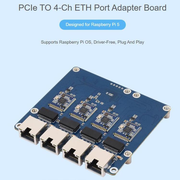 Waveshare PCIe To 4-Ch ETH Port Adapter Board Supports Raspberry Pi OS, Driver-Free, Plug And Play, Gigabit ETH, 2.5G ETH