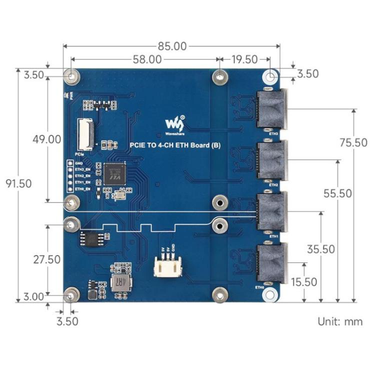 Waveshare PCIe To 4-Ch ETH Port Adapter Board Supports Raspberry Pi OS, Driver-Free, Plug And Play, Gigabit ETH, 2.5G ETH