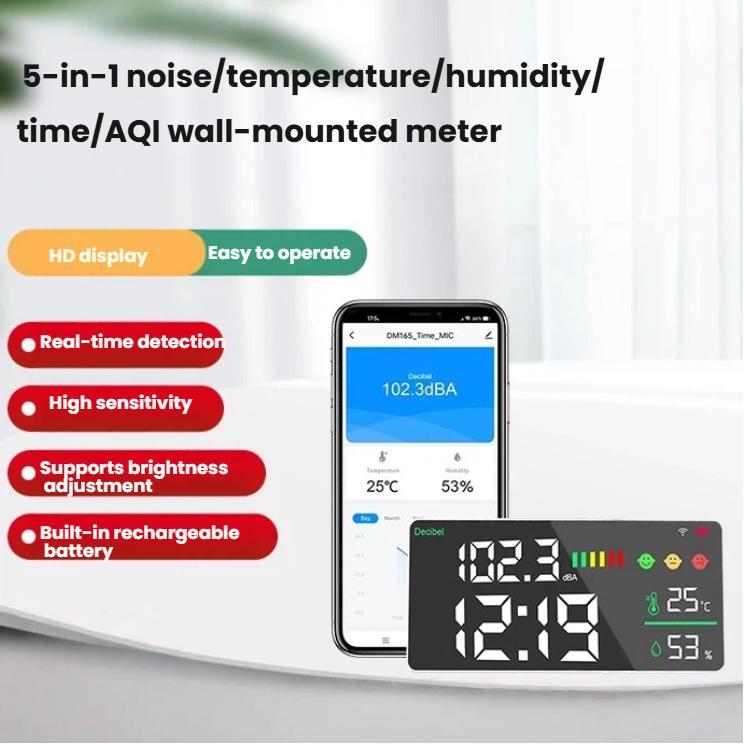 Tuya Smart 5-in-1 Wall-Mounted Noise Decibel Meter With Temperature, Humidity and Time Display, BASIC-C, BASIC-F, Upgraded