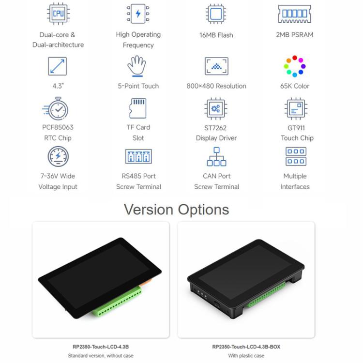 WAVESHARE RP2350 4.3inch Capacitive Touch Display Development Board, Without Case, With Plastic Case