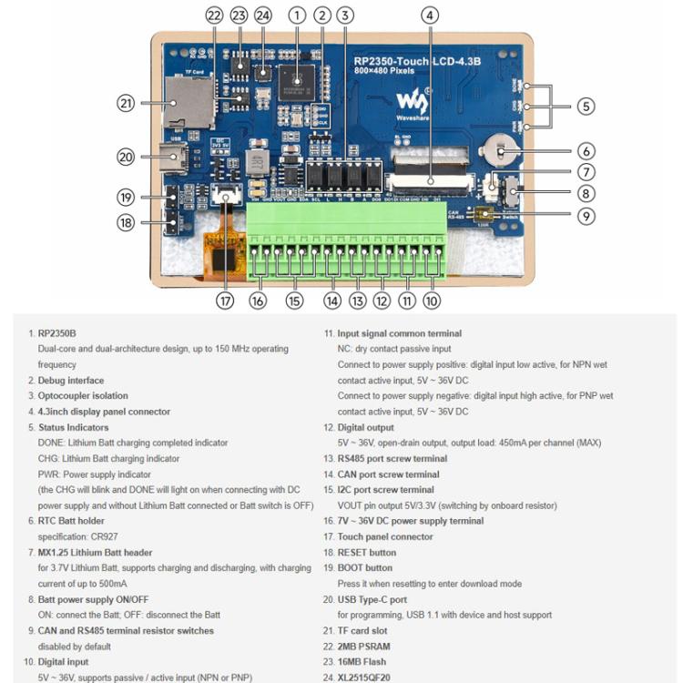 WAVESHARE RP2350 4.3inch Capacitive Touch Display Development Board, Without Case, With Plastic Case